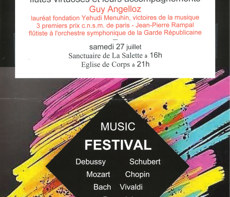 Affiche pour le concert de Guy Angelloz. L'affiche est noire, avec des traits de couleurs en diagonale. Un grand carr blanc stipule les horaires et le type de concert
